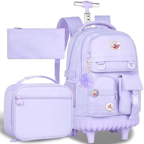 CCJPX Rolling Backpack for Girls Women, 21 inch Roller Wheels School Bookbag, Wheeled Suitcase Backpacks with Lunch Bag for Teen – Purple CCJPX Rolling Backpack for Girls Women, 21 inch Roller Wheels School Bookbag, Wheeled Suitcase Backpacks with Lunch Bag for Teen – Purple