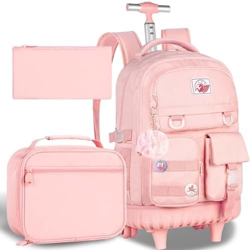CCJPX Rolling Backpack for Girls Women, 21 inch Roller Wheels School Bookbag, Wheeled Suitcase Backpacks with Lunch Bag for Teen – Pink CCJPX Rolling Backpack for Girls Women, 21 inch Roller Wheels School Bookbag, Wheeled Suitcase Backpacks with Lunch Bag for Teen – Pink