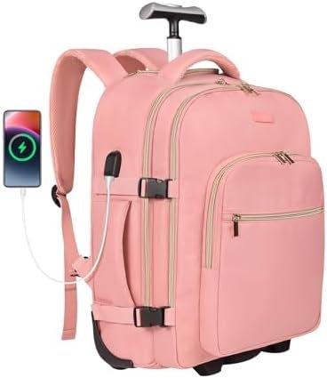 DEVPNR Rolling Backpack for Women, 17Inch on Laptop Travel Backpack with Wheels, Under Seat Carry on Luggage Airplane, Overnight Business Trolley Backpack Bag (Sweet Pink) DEVPNR Rolling Backpack for Women, 17Inch on Laptop Travel Backpack with Wheels, Under Seat Carry on Luggage Airplane, Overnight Business Trolley Backpack Bag (Sweet Pink)