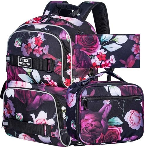 FTJCF Laptop Backpack, 16 Inch School Bag College Bookbag, Anti Theft Daypack Bags and Lunch Bag Set, Water Resistant Rose Backpacks for Teens Girls Women Students (Black) FTJCF Laptop Backpack, 16 Inch School Bag College Bookbag, Anti Theft Daypack Bags and Lunch Bag Set, Water Resistant Rose Backpacks for Teens Girls Women Students (Black)