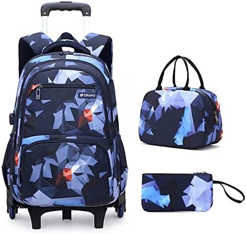 Mildame Geometric Print Rolling Backpack for School Boys Girls with Lunch Bag Teens Bookbag with Wheels Kids Trolley Bag Set, Six Wheels Mildame Geometric Print Rolling Backpack for School Boys Girls with Lunch Bag Teens Bookbag with Wheels Kids Trolley Bag Set, Six Wheels