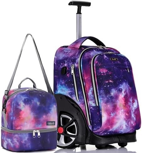 NEW TILAMI Wheeled Backpack 19 inch with Lunch Bag for Girls Boys Rolling Laptop Backpack School Travel Durable Stylish Carry-on Bag, Starry Purple NEW TILAMI Wheeled Backpack 19 inch with Lunch Bag for Girls Boys Rolling Laptop Backpack School Travel Durable Stylish Carry-on Bag, Starry Purple