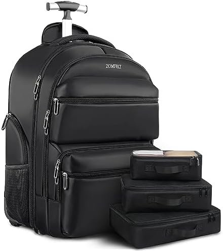ZOMFELT Rolling Backpack, 17.3 inch Laptop Backpack with Wheels, Travel Backpack for Women Men with 3 Portable Packing Bags, Large Carry on Duffle Bag for Travel Work, Black ZOMFELT Rolling Backpack, 17.3 inch Laptop Backpack with Wheels, Travel Backpack for Women Men with 3 Portable Packing Bags, Large Carry on Duffle Bag for Travel Work, Black